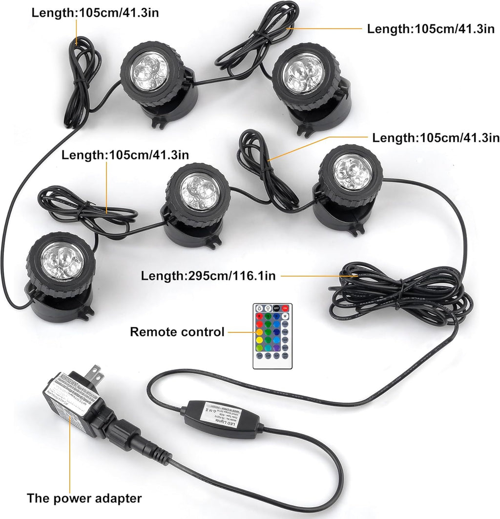 RGB Pond Lights with Timer, Super Bright LED Underwater Submersible Colorful Landscape Spotlights, Remote Control IP68 Waterproof Fountain Lights for Fish Aquarium Tank Garden Yard (Set of 5)