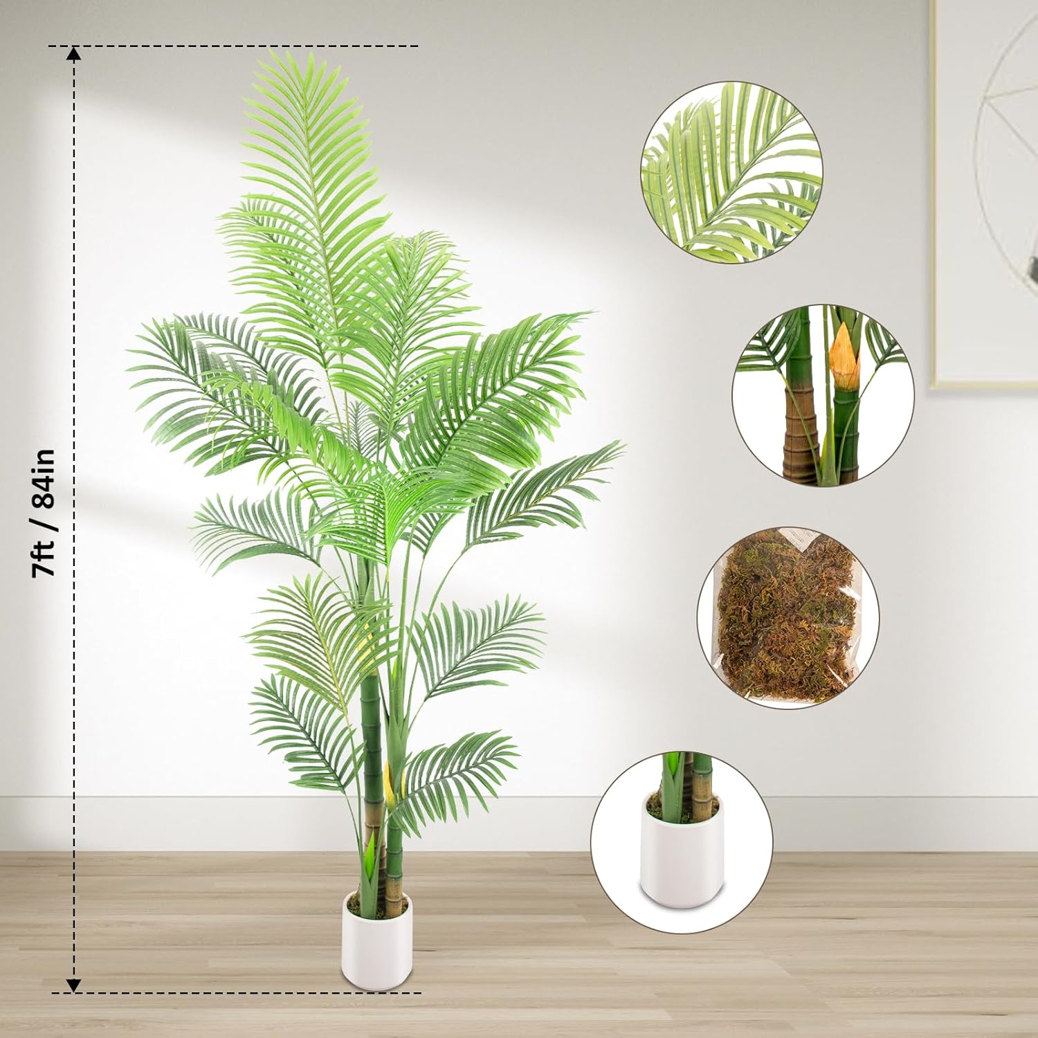 Artificial Fake Palm Tree 7FT 1Pack with White Planter & Free Moss, UV Resistant Artificial Palm Tree for Outdoors, Fake Plants for Poolside Home Room Decor, Faux Plants Outdoor Decor