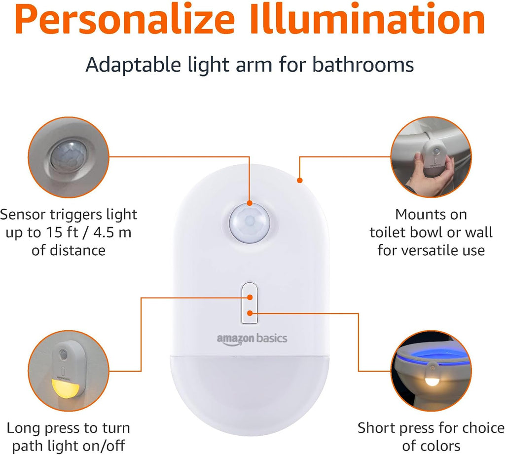 Amazon Basics Color Changing LED Toilet Bowl Motion Sensor Light, Battery Operated, 2 Pack, White