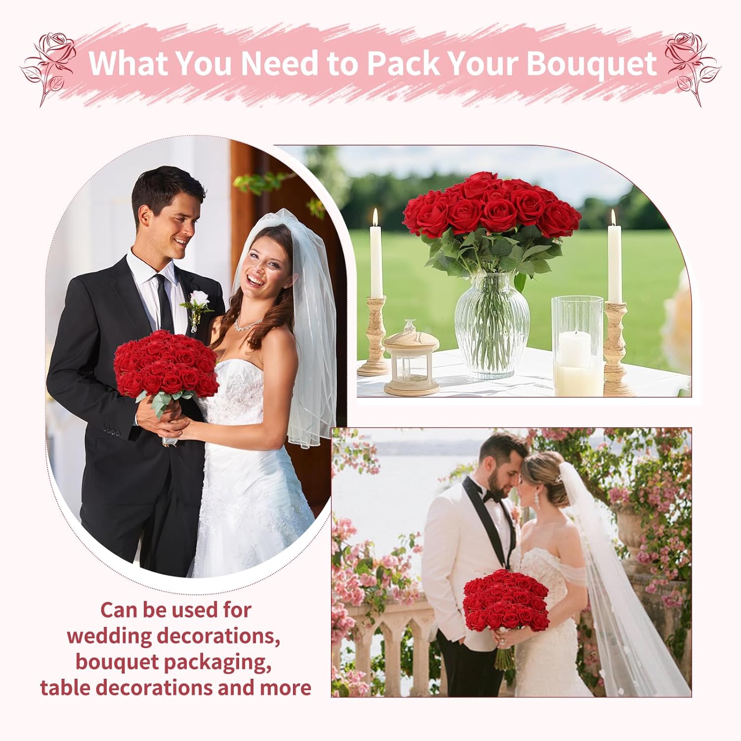 55 PCS Fake Roses Artificial Flowers Bulk, Red Roses Bridal Bouquet Silk Faux Rose with Stems for Wedding Flowers Decoration, Valentine's Day, Bridal Bouquet, Anniversary,Home Decor (55PCS, Red)