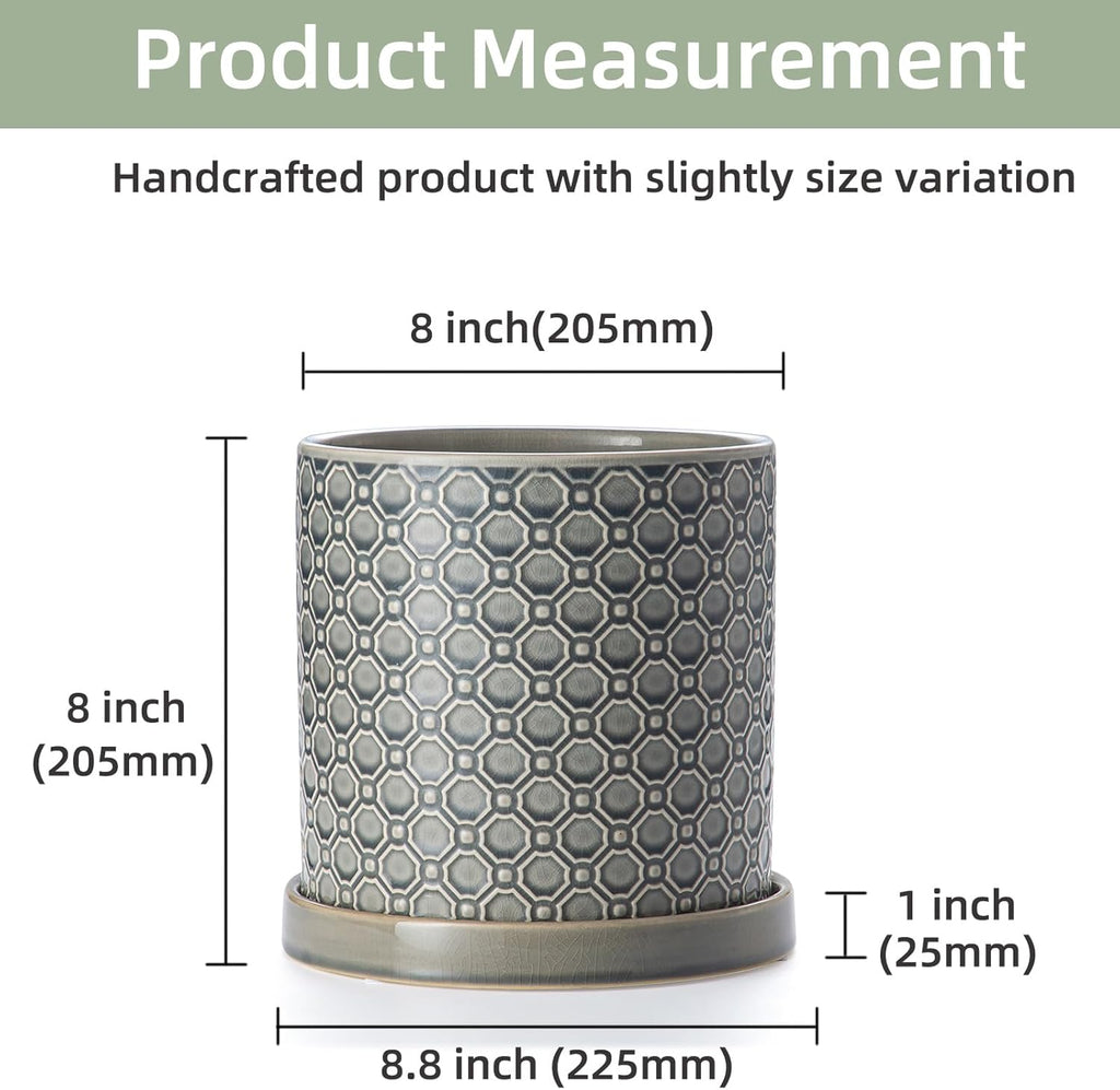 8 Inch Plant Pot: Ceramic Planter with Drainage Hole & Saucer Indoor Outdoor Plants - Cylinder Round Flower Pot for Home Office - Modern Decorative - Medium Grey