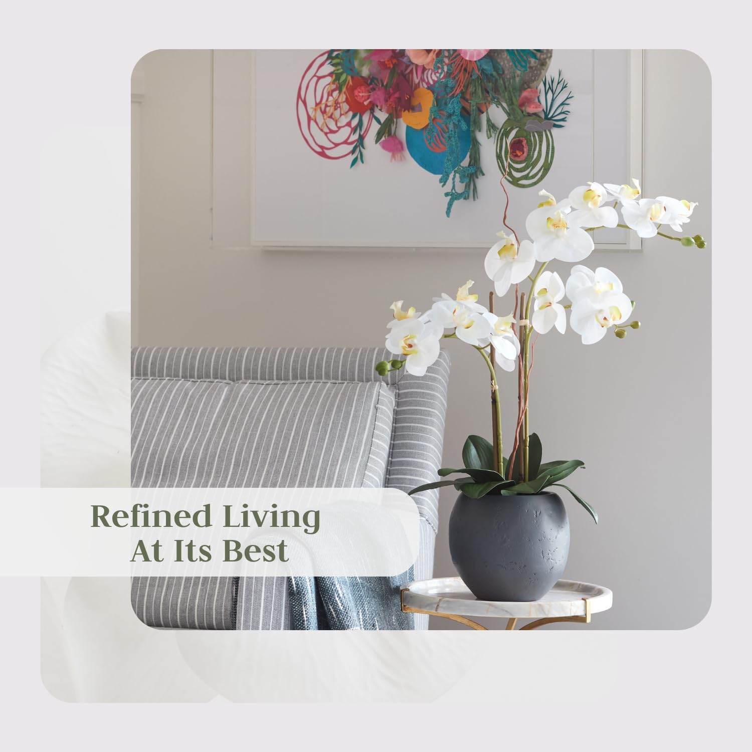 Faux White Orchid Plant, Premium Artificial Indoor Flower Display Stands 25-Inches with Beautiful Sculptural Blooms and Foliage That Lasts Forever, Grey Planter Pot Included