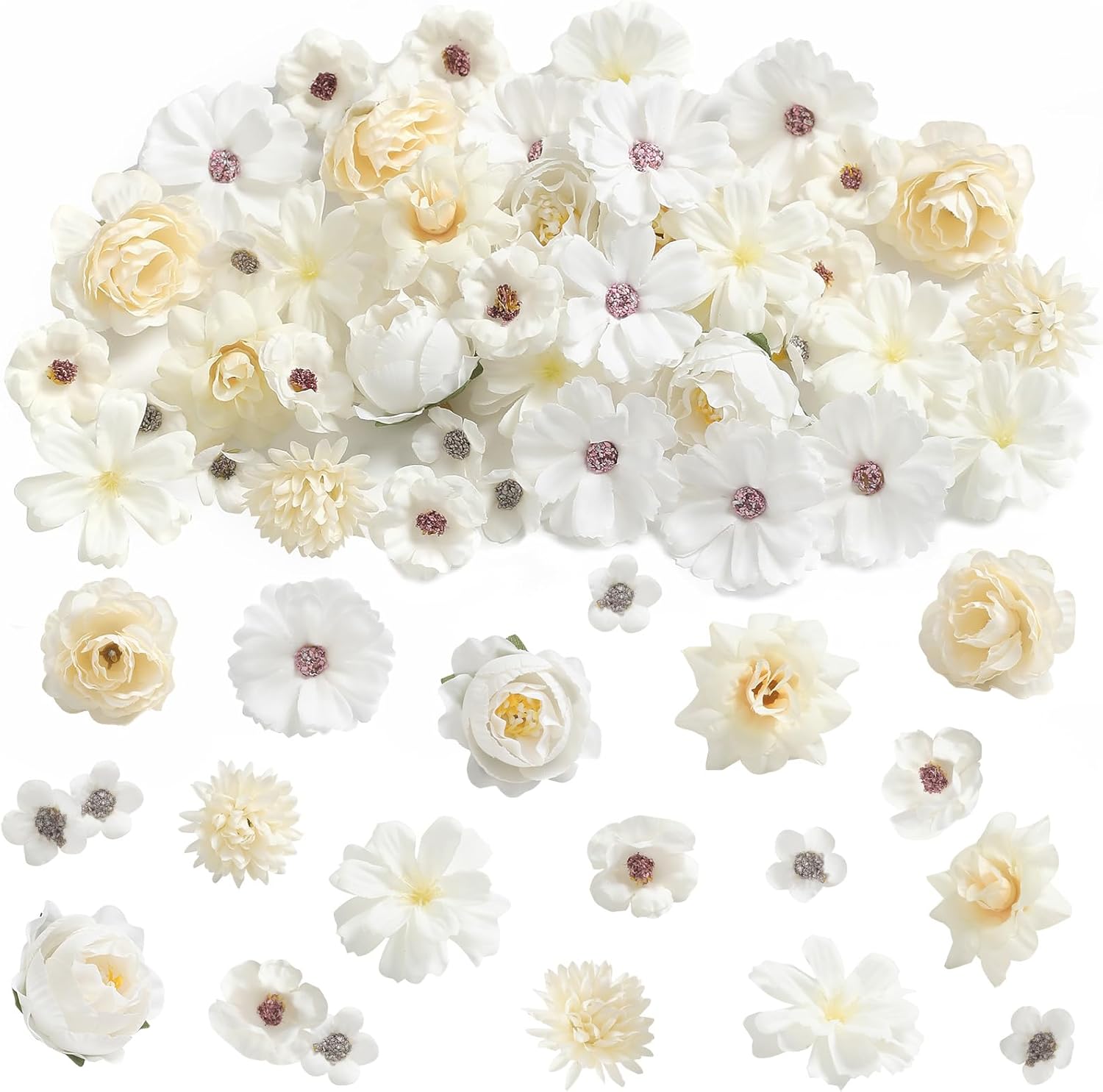 Faux Flower Heads Small Silk Artificial Flower DIY Fake Mini Flowers Rose Daisy Multicolor Flowers Craft Supplies for Wedding Party Wreath Graduation Season Party Home Decor (45, White)