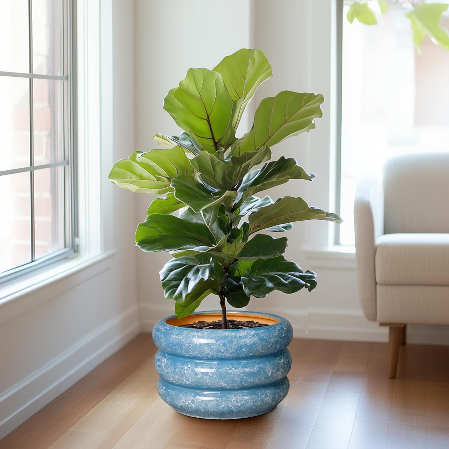 SQOWL Ceramic Plant Pot Indoor with Drainage Hole 13.5 Inch - Large Outdoor Planter Ceramic Flower Pot Modern Round Planter Decorative Plant Pot for Outdoor Porch Decor Blue