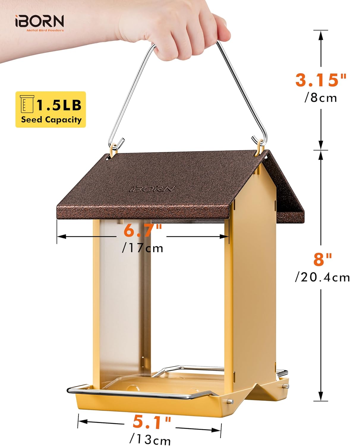 iBorn Bird Feeders for Outdoors,Bird House Feeder with Weatherproof Metal Roof & 8 Drain Holes,Fully Detachable Birdfeeder Design,Easy Clean & Refill,Chew-Proof PC Windows,1.5 Lbs Capacity,Coffee Roof