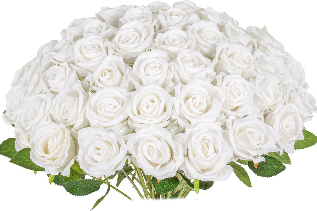 30 PCS Fake White Roses, Artificial White Flowers Bulk Realistic Silk Faux Roses with Stems for Wedding Decorations Table Centerpieces Bridal Bouquet DIY Floral Arrangement Event Party Home Decor