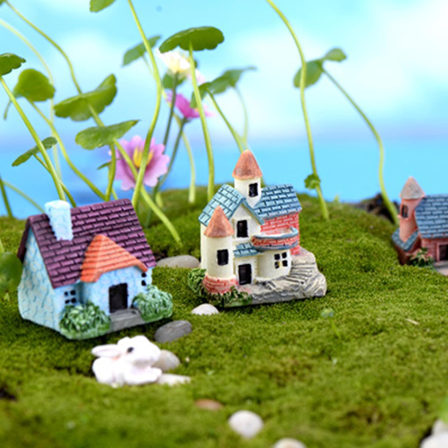 8PCS Colorful Miniature House Mini House Cottage Resin Figurines Fairy Garden Accessories Outdoor Vintage Small Micro Landscape Ornament Plant Flower Pot Terrarium Home Decor Supplies