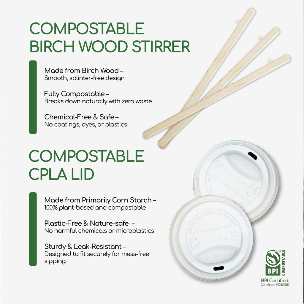 Living Balance Certified Compostable Coffee Cups with Lids 16 oz – 75 Pack Cups with Stirrers & Integrated Sleeves | Leak Proof, BPA-Free & CPLA Certified Plant-based | To-Go cup for Hot & Cold Drinks