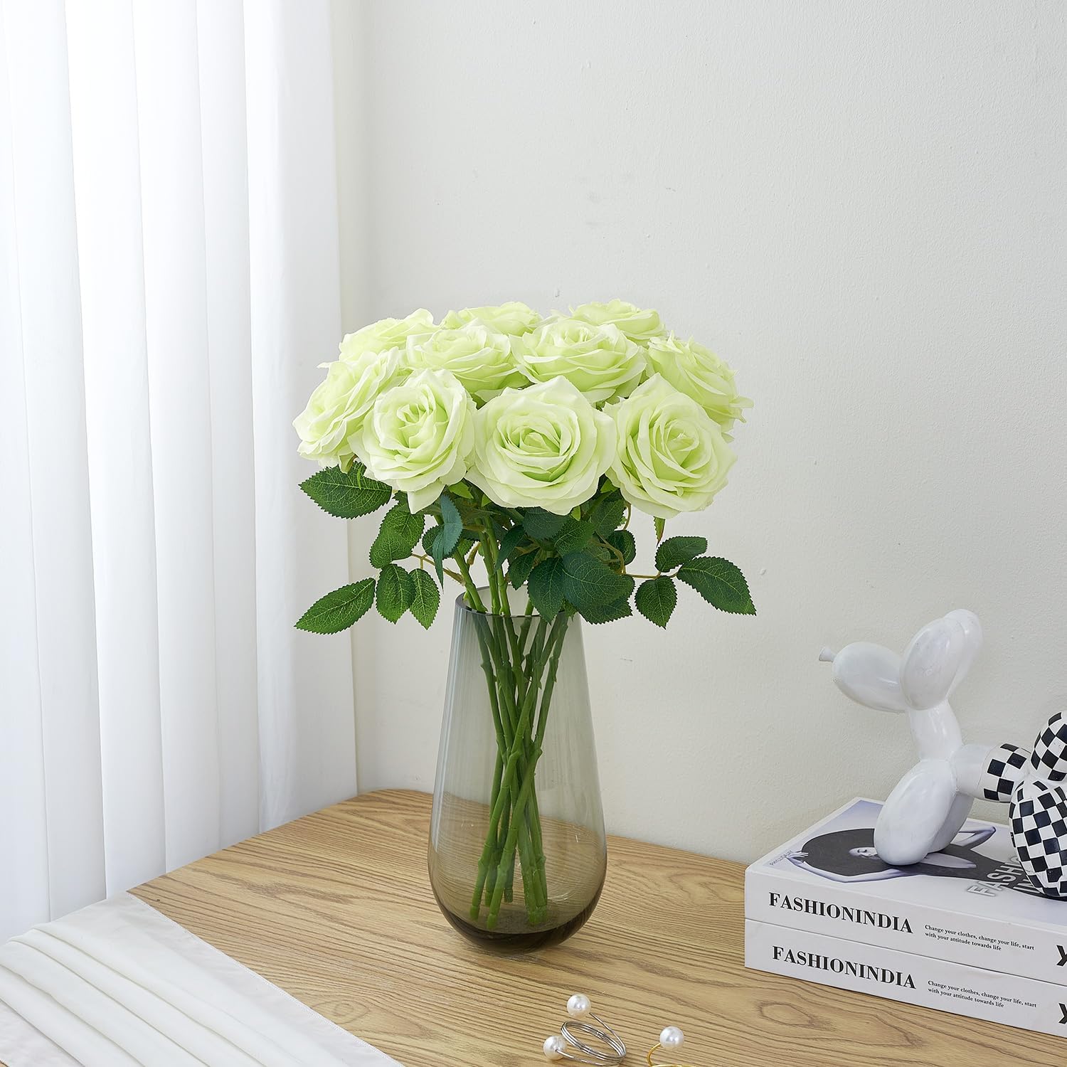 Artificial Rose 10pcs Open Flower Bouquet Faux Rose Stems for Wedding Arrangement, Bridal Bouquet, Centerpiece, Fake Faux Silk Flowers (Pale Green)