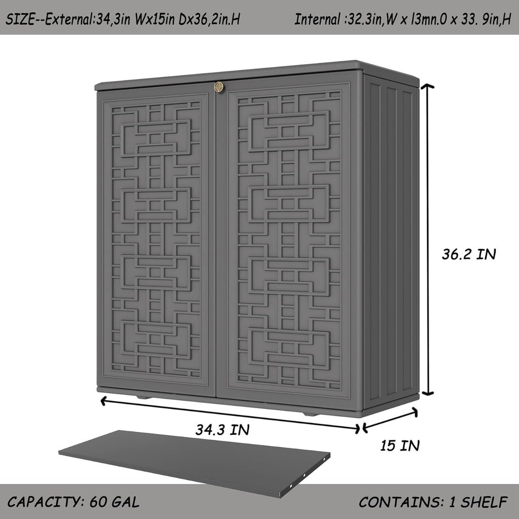 Storage Box Outdoor Caninet,Resin Indoor Storage Box Waterproof Outdoor Storage Cabinets for Patio/Garden/Backyard, Size 34.3''L*15''W*36.2''H(Grey)