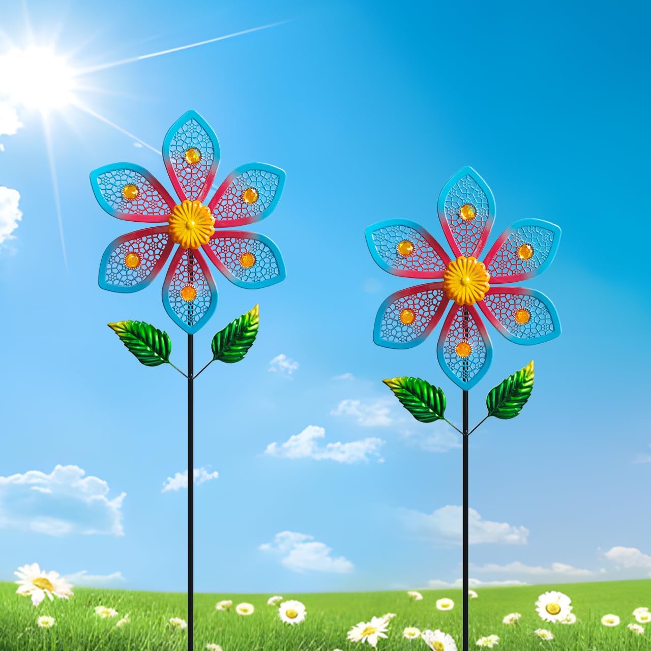 2 Pack Metal Wind Spinners for Garden Decor - Outdoor Windmill Sculptures, Durable Yard Art Wind Spinners Metal Wind Spinner for Patio Lawn Ornament, Vibrant Red & Blue Garden Spinners