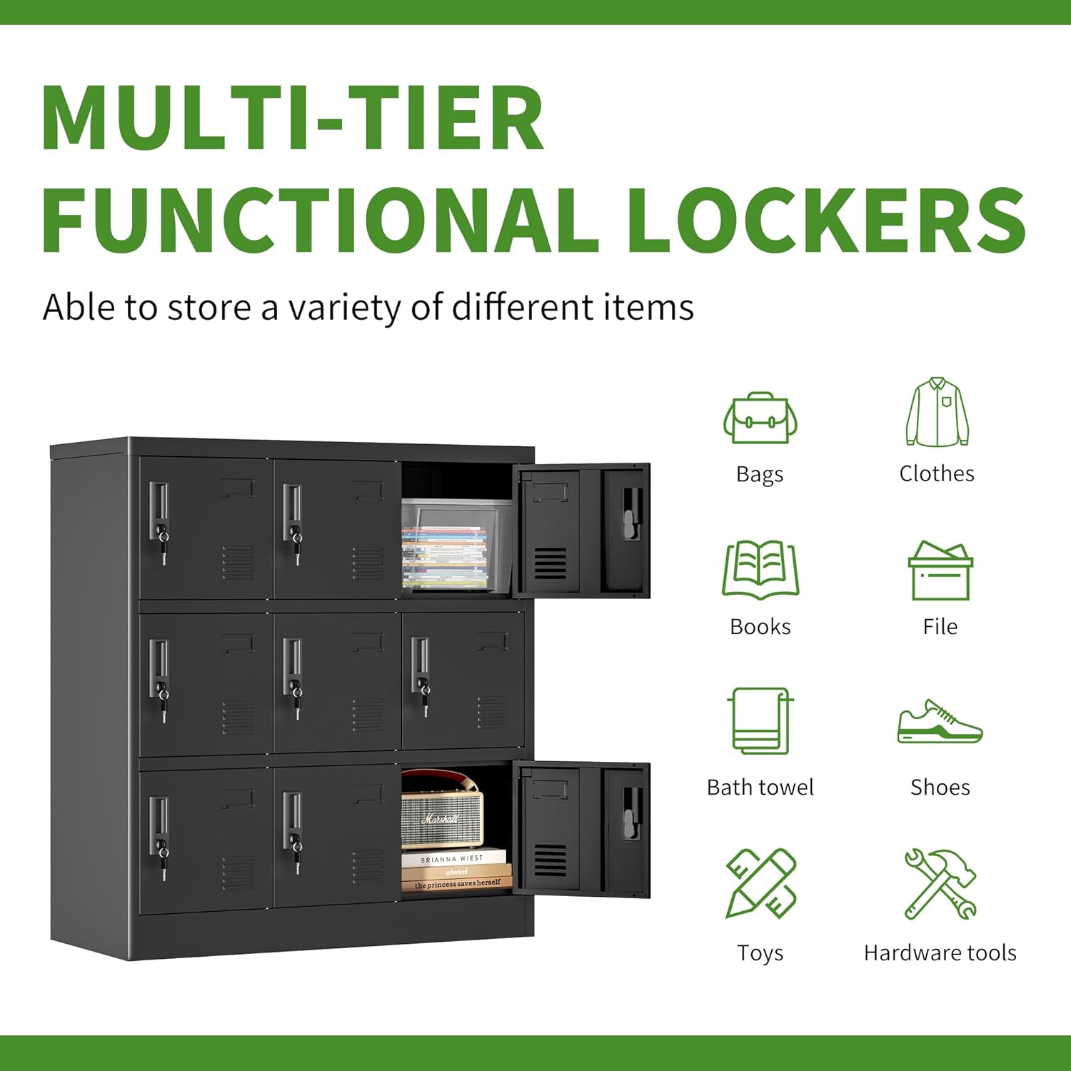 9 Doors Metal Lockers for Employees, Steel Storage Locker with Lock and Card Slot, Employee Lockers for Home, Office, School, Gym, Require Assembly(Black)