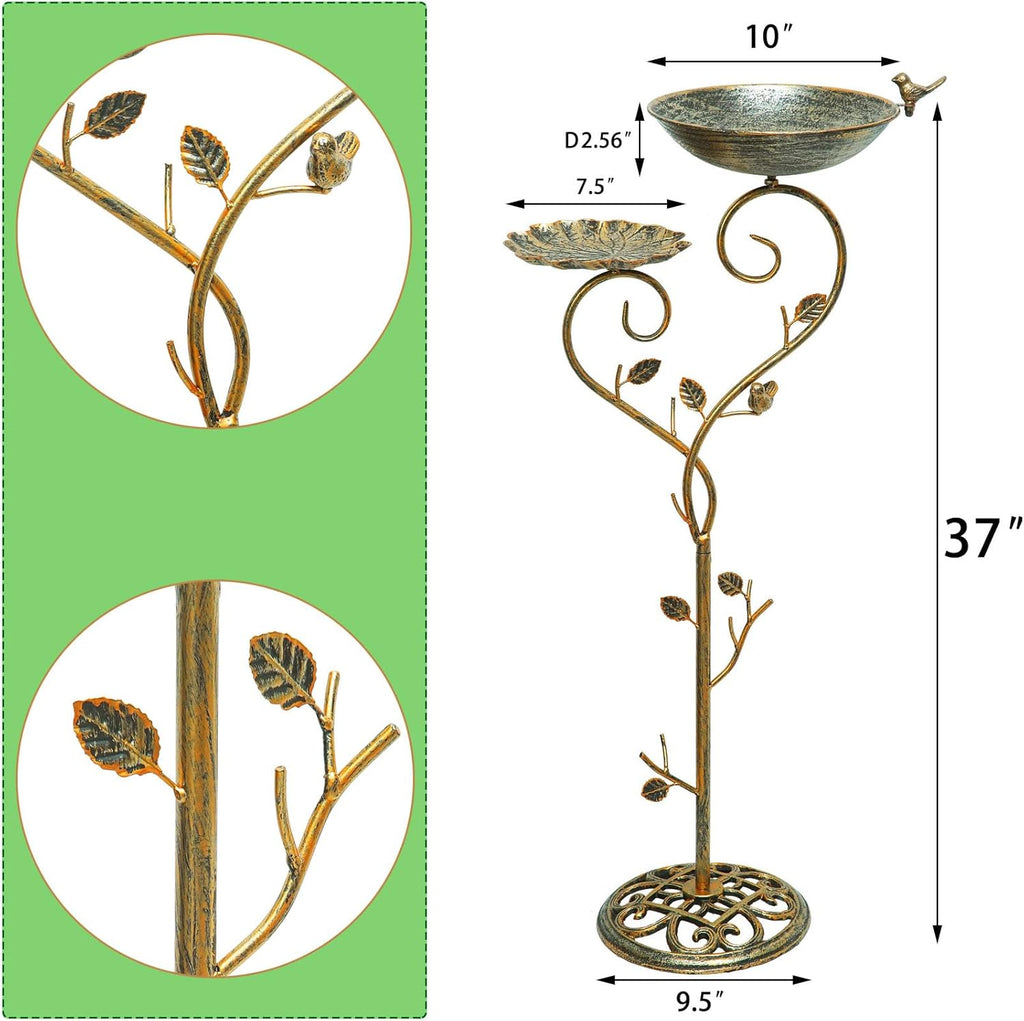 37" H Cast Iron Pedestal Bird Bath, 2 in1 Bird Baths for Outdoors/Metal Bird Feeder Bowl Tray,Vintage Metal Bird Bath Garden Yard Decor