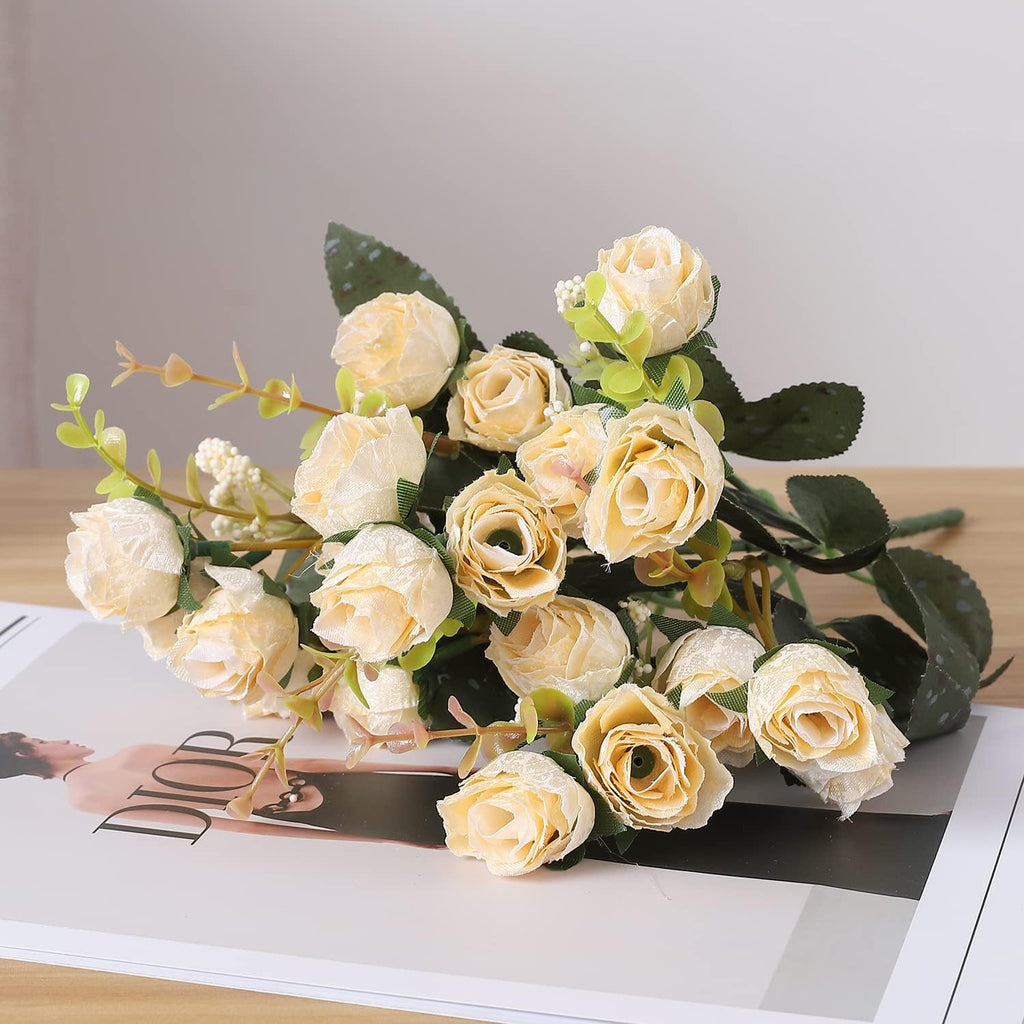 Duovlo 7 Branch 21 Mini Rose Heads Artificial Flowers Bouquet Wedding Home Office Decor,Pack of 2 (2 PCS Champagne)