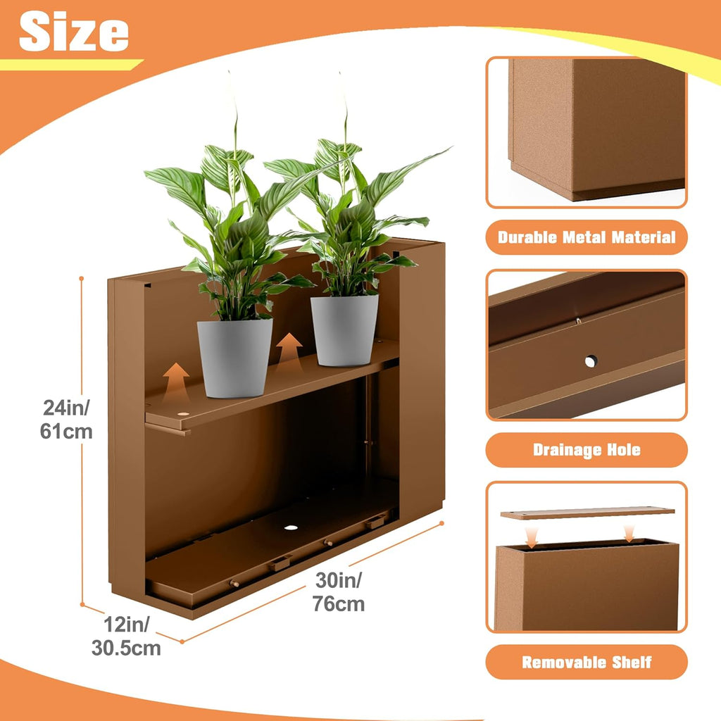 Rectangle Planter for Indoor & Outdoor, Tall and Long Planter Boxes with Drainage Holes, Mental Divider Planter Box All-Weather Use for Plants, Flowers, 29.9" L x 12" W x 24" H, Brown