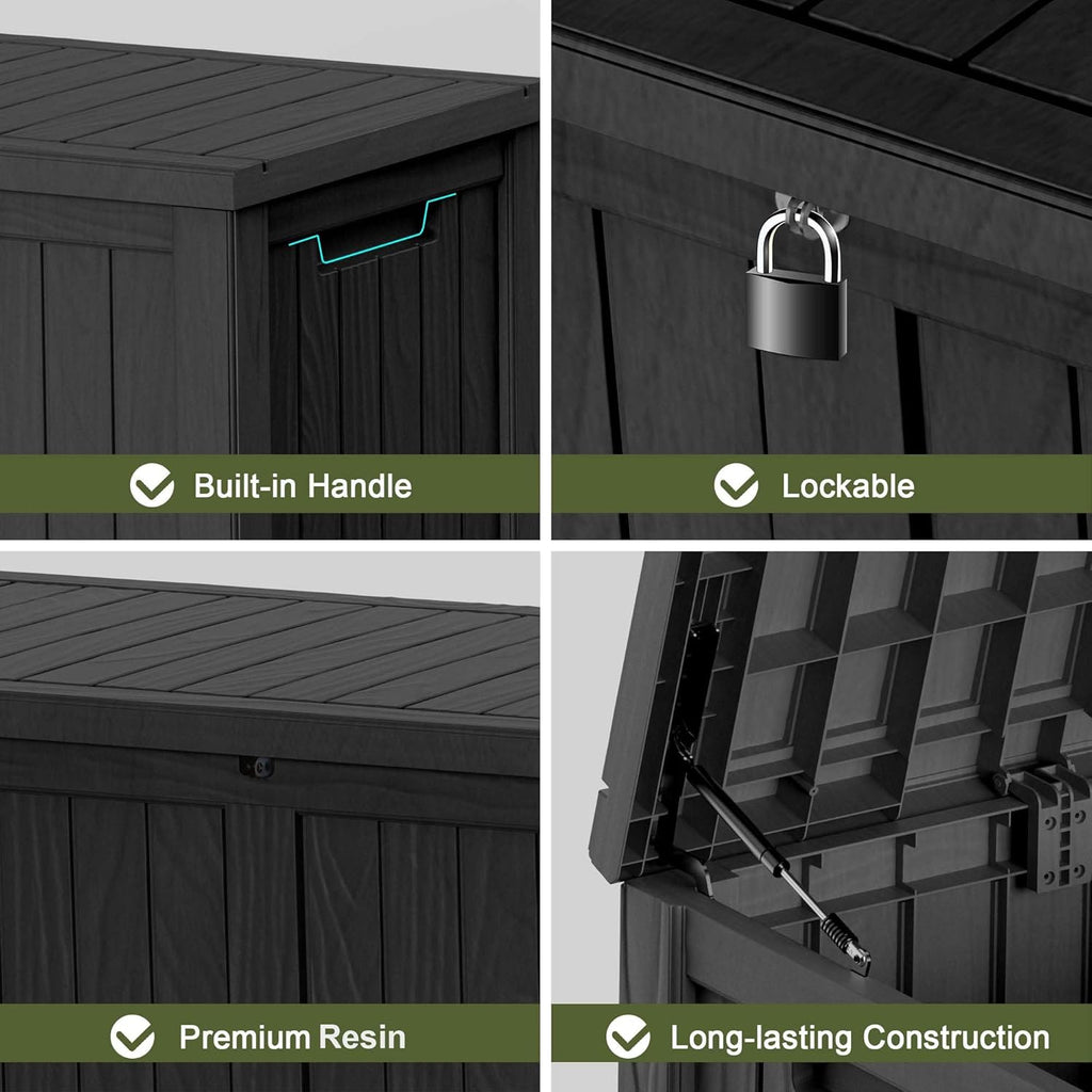 120 Gallon Outdoor Deck Box,Storage Lockable Waterproof Patio Furniture,Garden Tools,Cushions,Pool Accessories Outside Storage Resin Box(Black)
