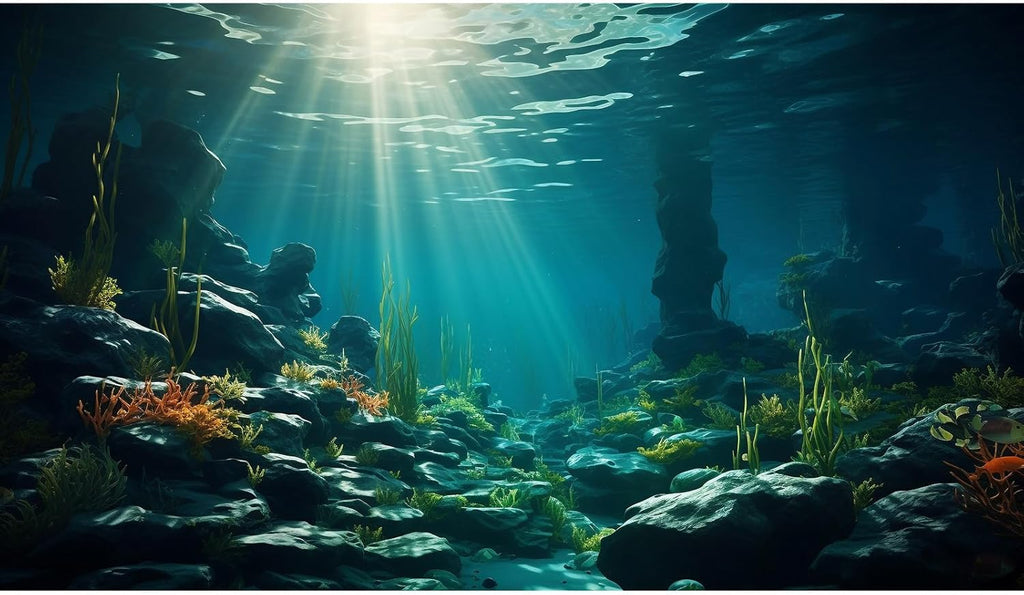 Aquarium Background Ocean Floor Fish Tank Background Underwater Coral Reef Stone Aquarium Backdrop Seaweed Background Sunlight Tank Backdrop Perfect Aquarium Backdrop Durable Vinyl 30x18in
