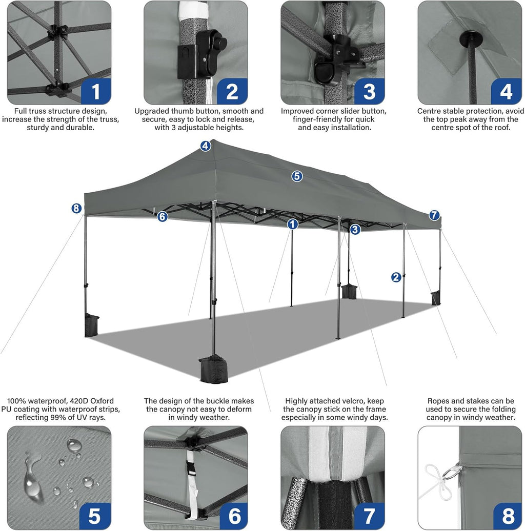 COBIZI 10x30 Pop up Canopy Tent Heavy Duty Without Sidewalls, Easy Set-up Commercial Outdoor Party Canopy, 100% Waterproof Wedding Gazebo, 3 Height Adjustable with Wheeled Bag, Gray