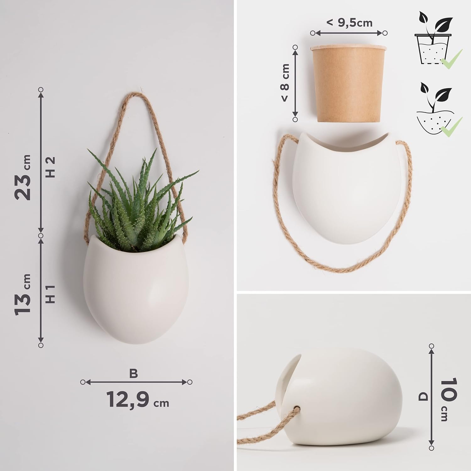 Kazai. Wall Planters -Ellie- | Hanging Ceramic Plant Pots 3 Pieces | Wall Decoration for Indoors, Balcony and Garden | Cream (Matte)