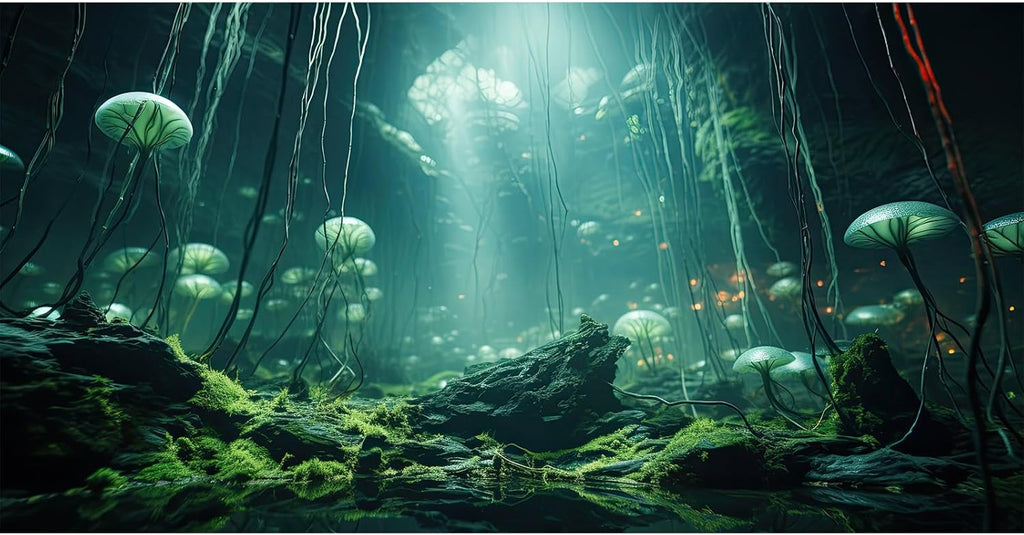 Aquarium Background Foggy Stone Mushroom Green Moss Fish Tank Background Mysterious Green Seaweed Scenery Aquarium Backgrounds White Mushroom Reptile Tank Enclosure Backgrounds Wallpaper 30x18in
