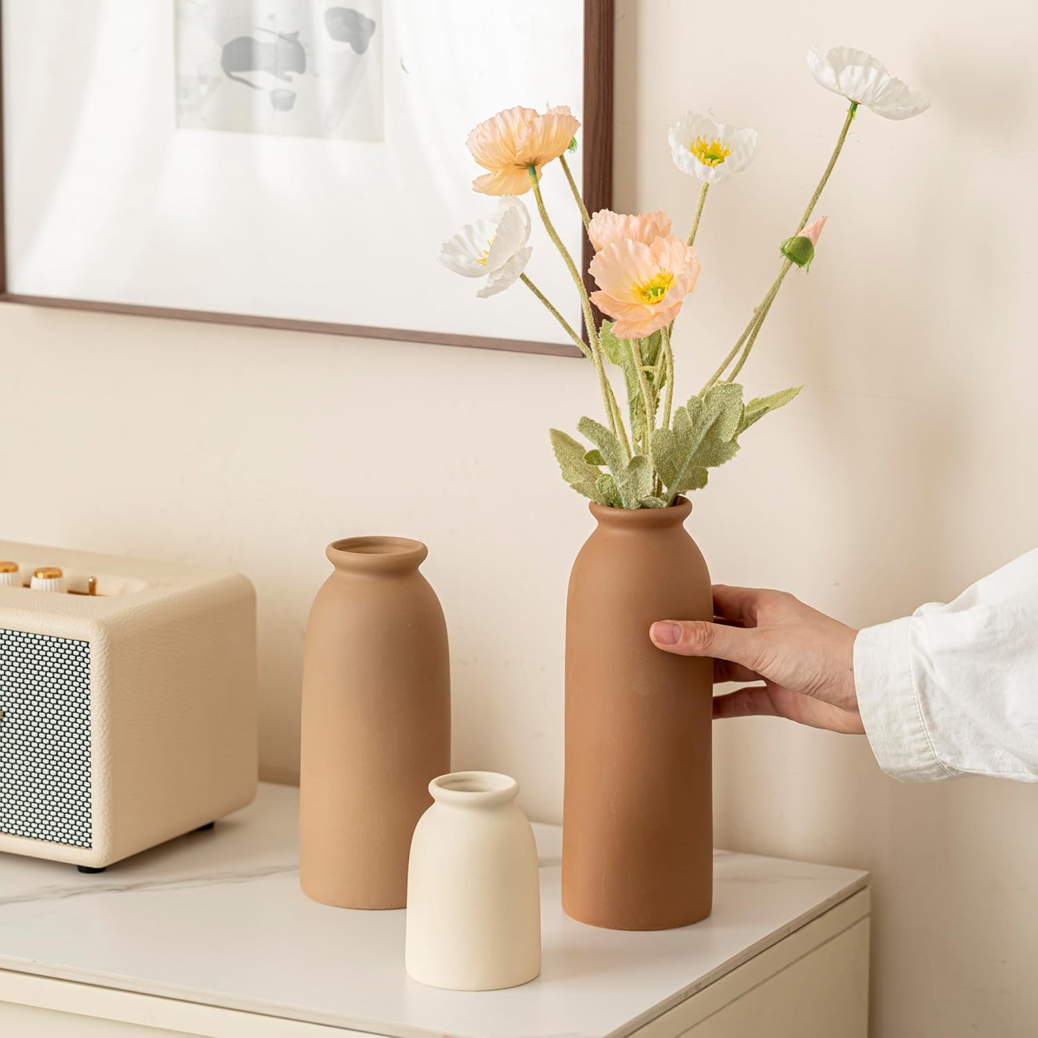 Ceramic Vase Set-3, Small Flower Vases for Decor, Modern Boho Farmhouse Style, Decorative Vases for Pampas Grass & Dried Flowers, Distressed Finish (Earth Tone)