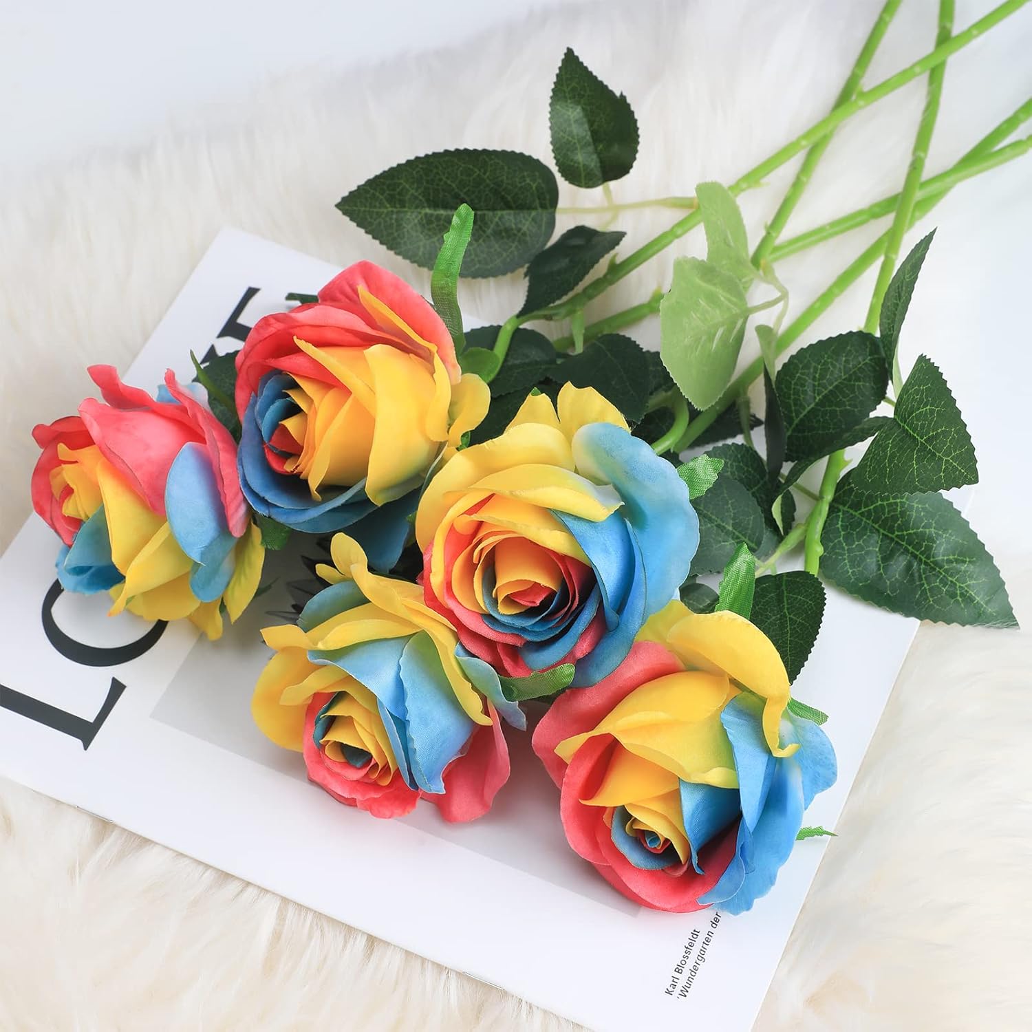 Rainbow Fake Roses Artificial Flowers - 10 Pcs Fake Artificial Roses Silk Flowers with Stems for Home Wedding Hotel Office Centerpiece Decor（Rainbow2）