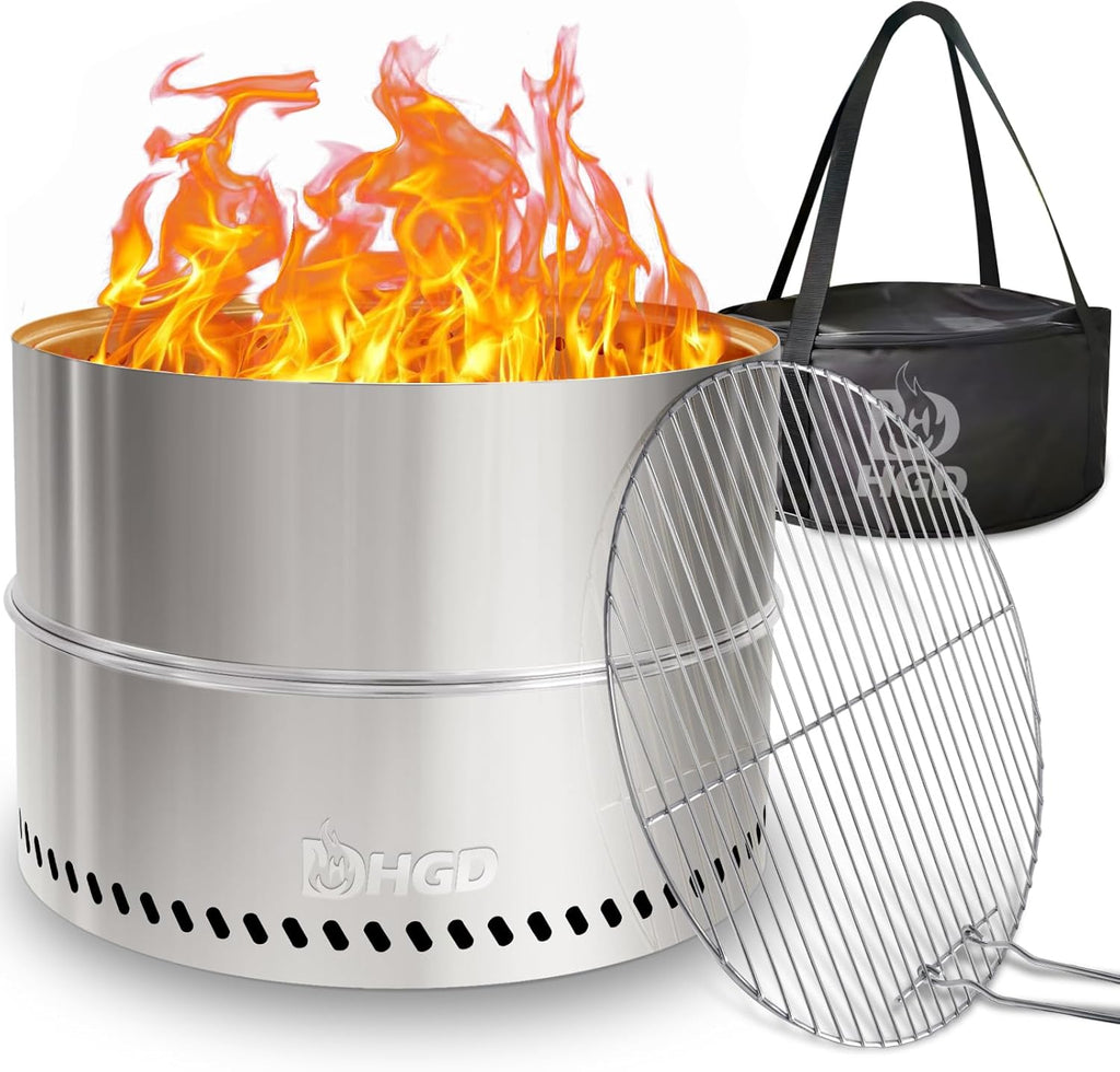 HGD 19.8 Inch Smokeless Firepit with Grill, Portable Wood Burning Fire Pit for Camping & Backyard, Stainless Steel Outdoor Fireplace with Travel Bag, Easy Setup & Compact Storage - Foldable Design