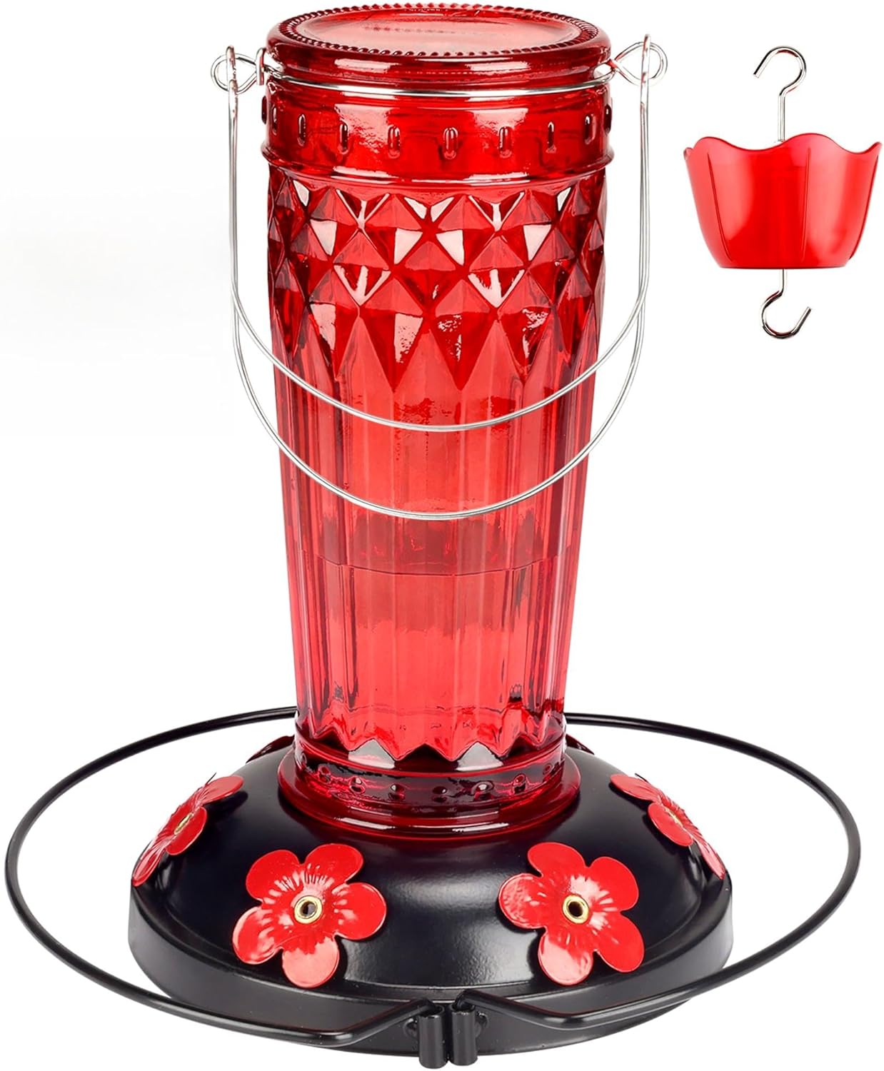Hummingbird Feeder-16 Ounces，6 Feeding Ports Glass Hummingbird feeders for Outdoors,Wide Mouth for Easy Filling/Cleaning，Hanging for Garden Backyard Decor, Includes Ant Moat (Red)