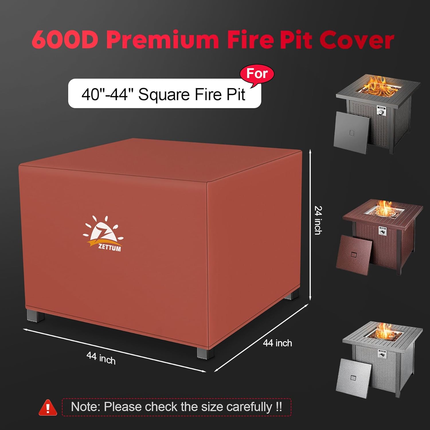 Fire Pit Cover Square 44 Inch - Outdoor Firepit Cover Heavy Duty & Waterproof, 600D Patio Fire Table Covers Gas Fire Pit Accessories Fade & Weather Resistant Brown - 44 x 44 x 24 Inch