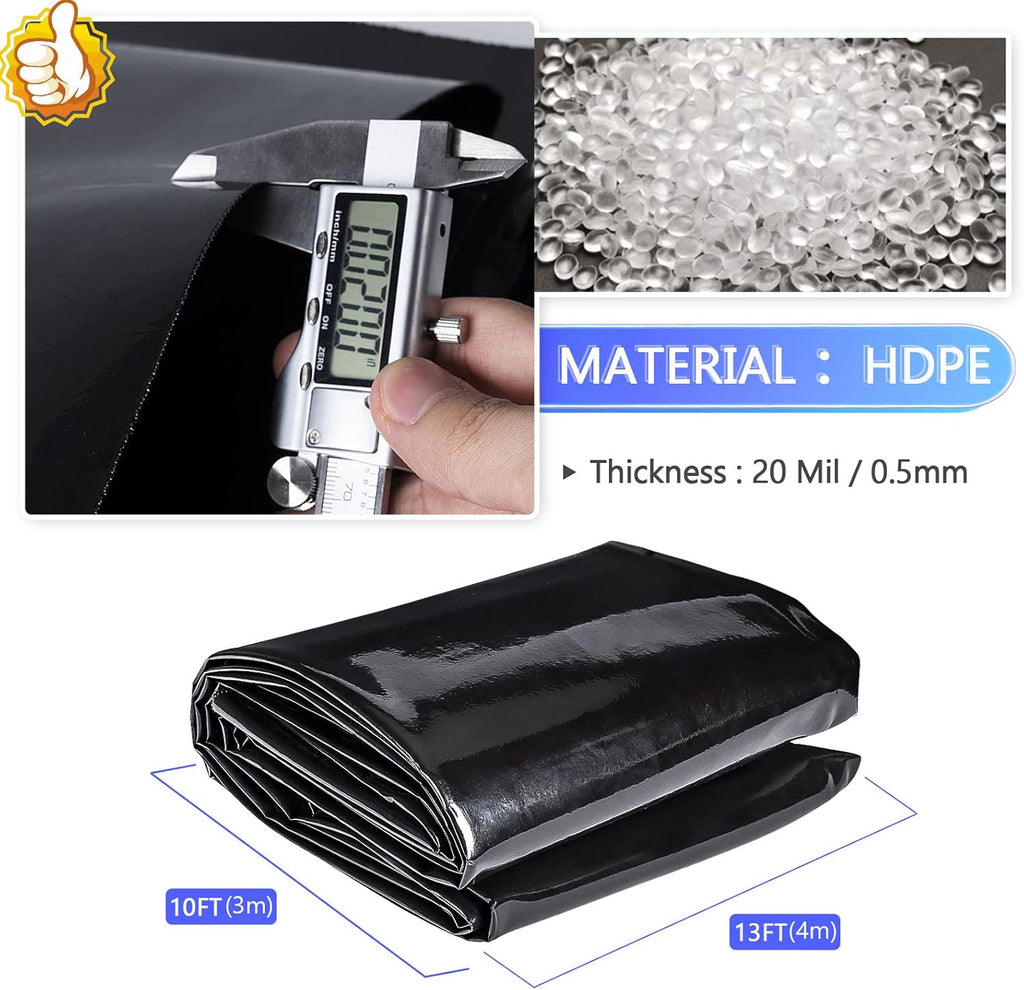 ToLanbbt Pond Liner 10 x 13 Ft, 20 Mil HDPE UV Resistant Preformed Pond Liner Easy Cutting, Underlayment for Fountain, Waterfall, Koi Pondsand Water Garden (Black)