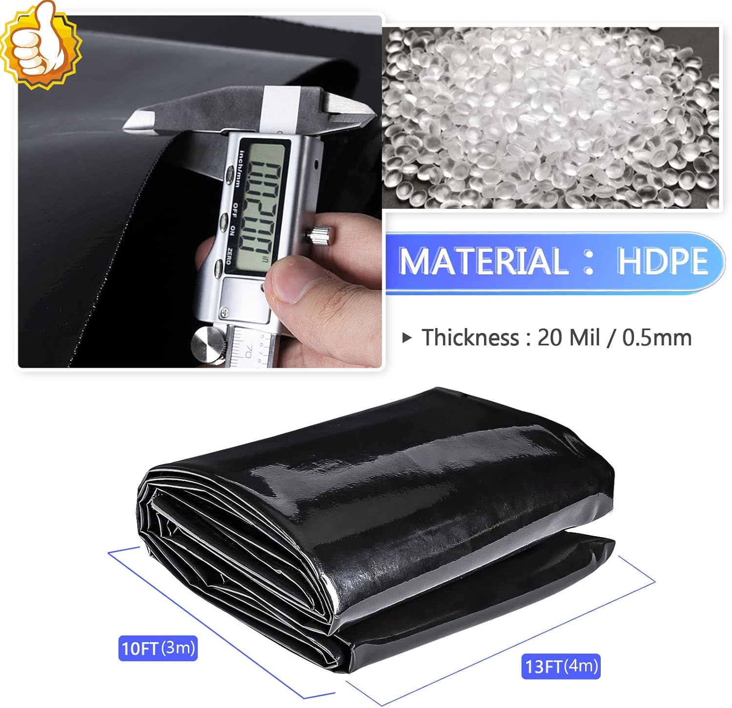 ToLanbbt Pond Liner 10 x 13 Ft, 20 Mil HDPE UV Resistant Preformed Pond Liner Easy Cutting, Underlayment for Fountain, Waterfall, Koi Pondsand Water Garden (Black)