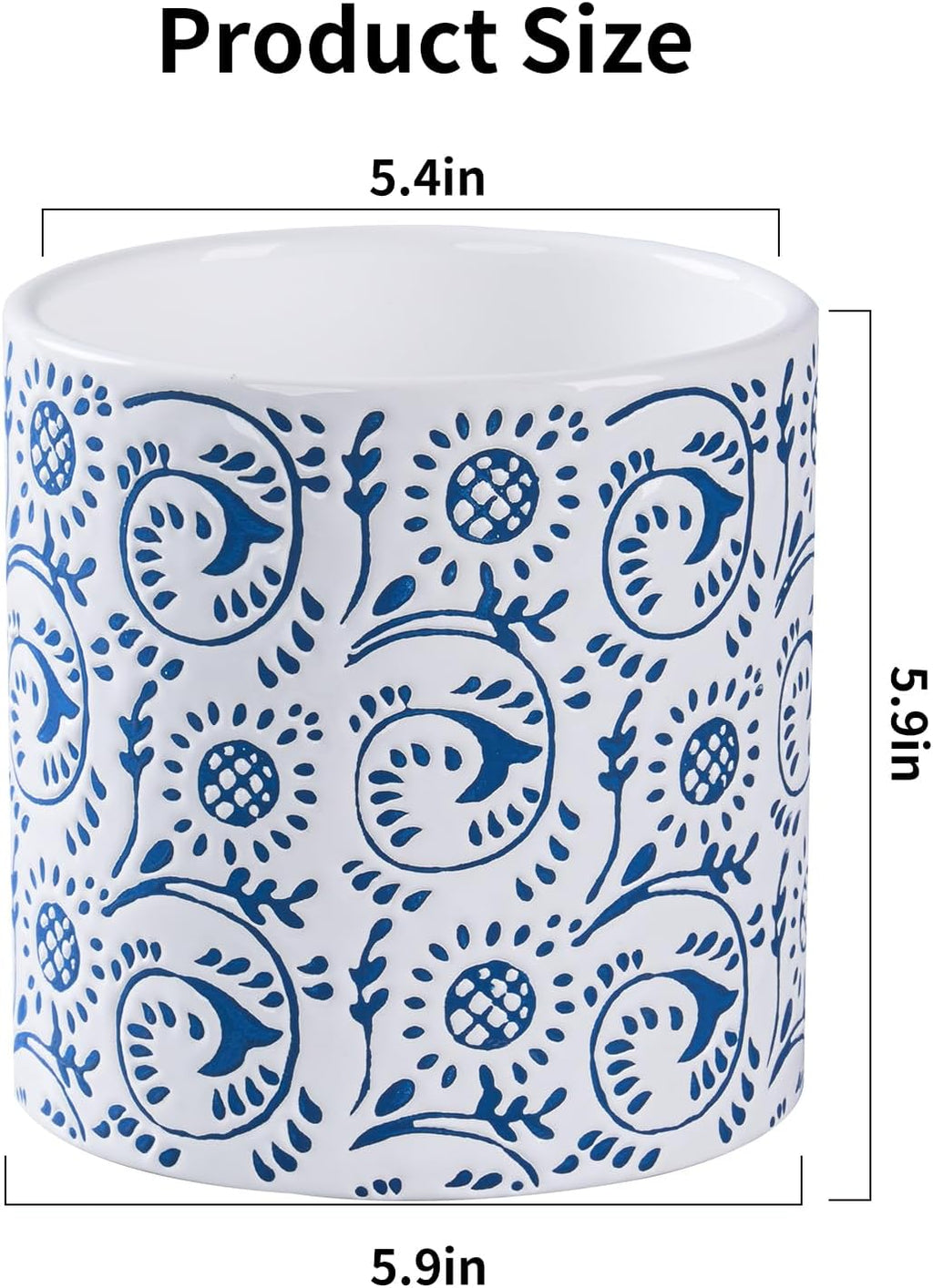 Ceramic Plant Pot for Indoor Plants, 6 Inch Blue & White Floral Porcelain Ceramic Decorative Flower Pot with Drainage Holes, Modern Planter for Home & Office Decor