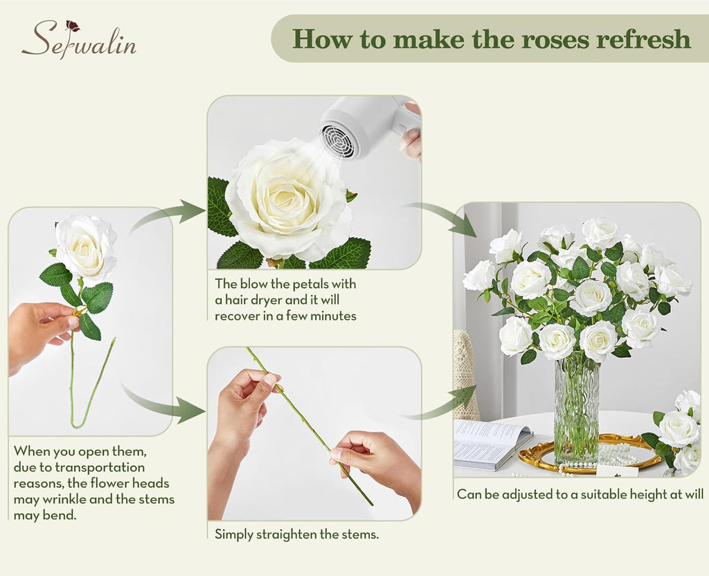 Serwalin 50pcs Artificial White Roses, 4'' Velvet Flower Head Fake Roses Bulk, Real Touch Silk Roses Realistic Bouquet Long Stems Wedding Home Decor and Table Centerpiece