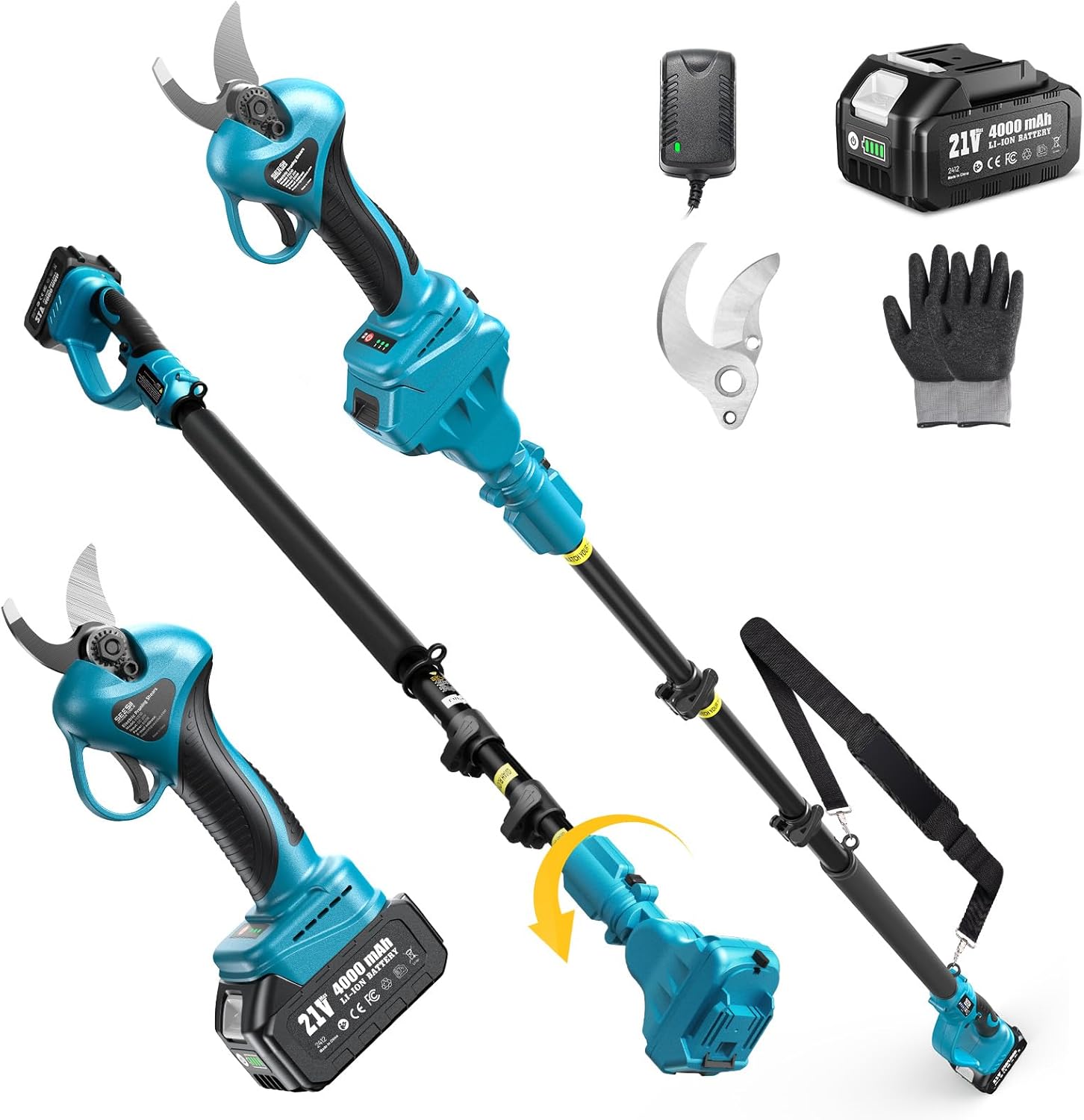 Seesii 2-in-1 Electric Pruning Shears with Pole, 15Ft Reach, 1.2" Cutting Diameter, 21V 4000mAh Battery, Cordless Pruner with Brushless Motor for Orchard, Flower, Branch, Tree Trimming