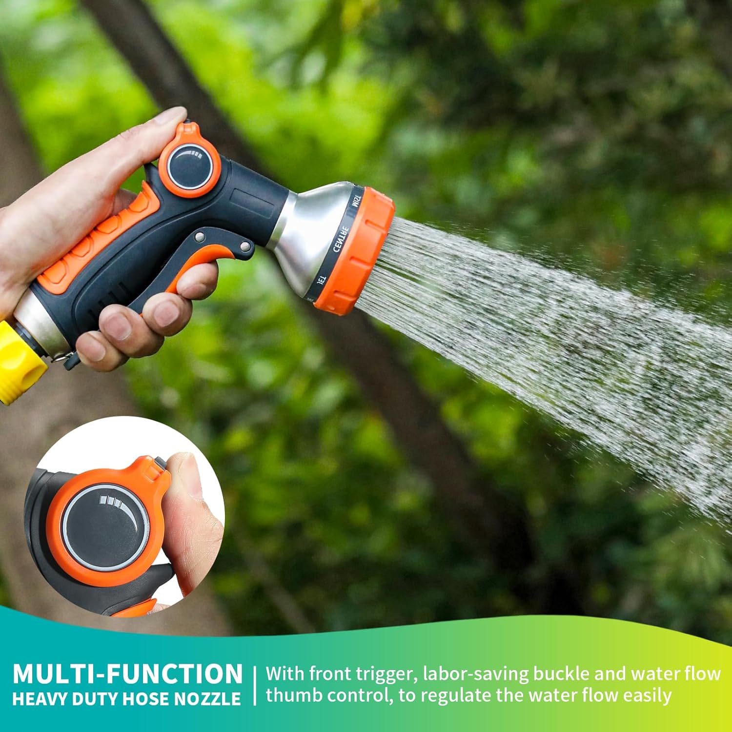 Water Hose Nozzle Heavy Duty with 8 Spray Patterns, Water Hose Sprayer Nozzle with Water Flow Thumb Control, Labor-saving Buckle & Front Trigger, for Watering Plants, Washing Cars & Pets