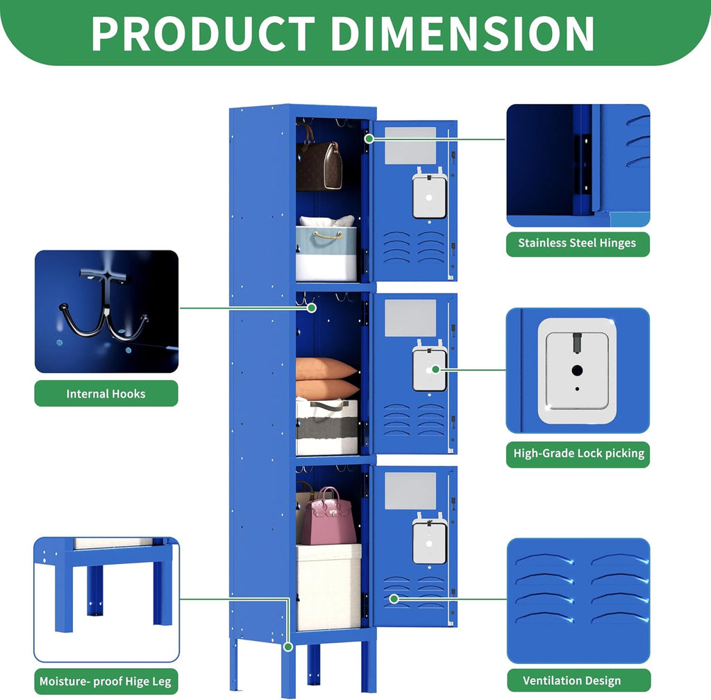 Metal Lockers for Employees, Storage Employee Locker, Storage Lockers with Shelves Steel Cabinet for Home (Blue, 3 Door)