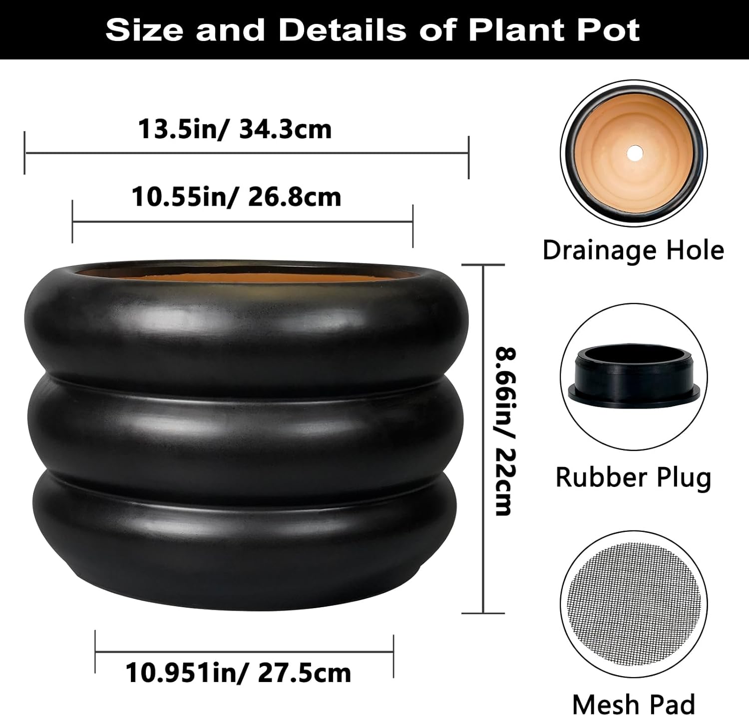 SQOWL Ceramic Flower Pot 13.5 Inch - Large Planter for Indoor Plants Outdoor Plant Pot with Drainage Hole Round Planter Mid-Century Flower Pot for Porch Living Room Decor Black