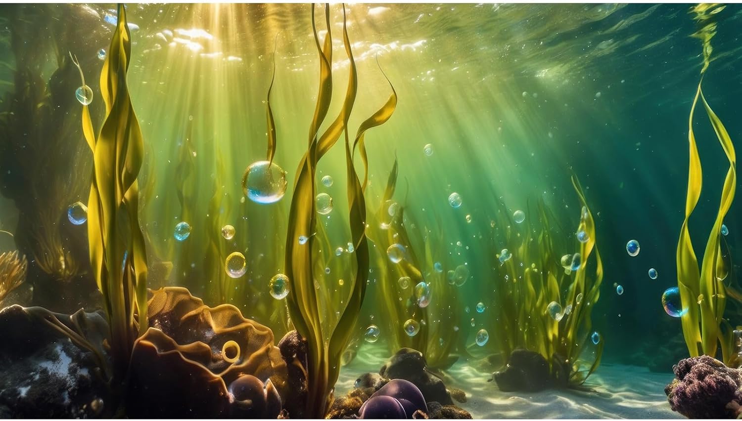 Aquarium Background Underwater Beautiful Coral Reef with Seaweed Bubbles Terrarium Backdrop Aquatic Plants Sunlight Rays Fish Tank Background Tank Aquarium Wallpaper Poster Decor Vinyl 30x12in