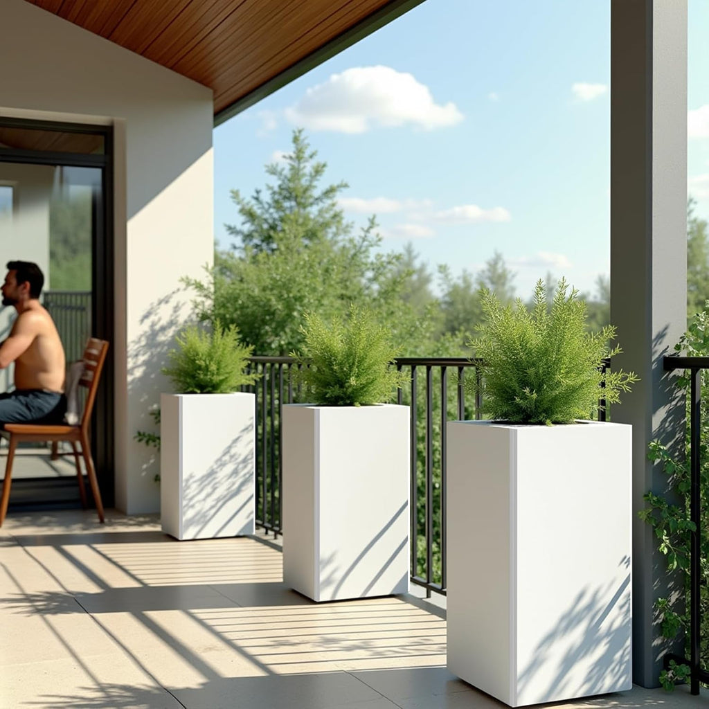 Galvanized Steel Metal Planter, 26 Inch White Square Outdoor Planters with Removable Insert Shelf and Drain Holes, Heavy Duty Flower Pot Modern Commercial Residential for Trees Patio Deck Yard Garden