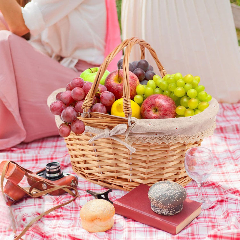 Natural Wicker Basket with Linen Lining, 14 Inch Large Wicker Woven Picnic Basket with Handle for Picnic, Camping, Outdoor Party