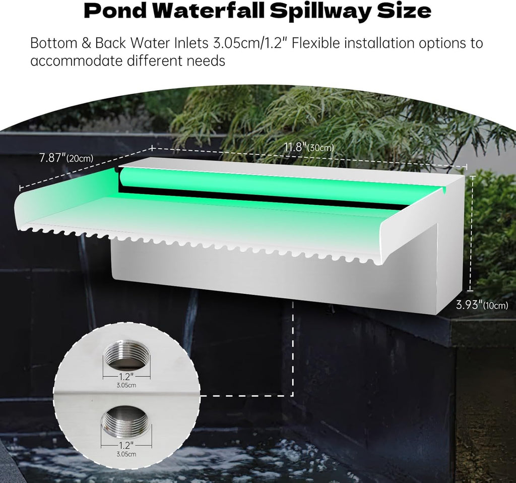 Waterfall Spillway Stainless Steel Pond Waterfalls with Color Changing LED Light, Outdoor Pool Fountain Water Feature Kit for Garden Patio Swimming Pool Koi Ponds Decor-12"x8"x4"