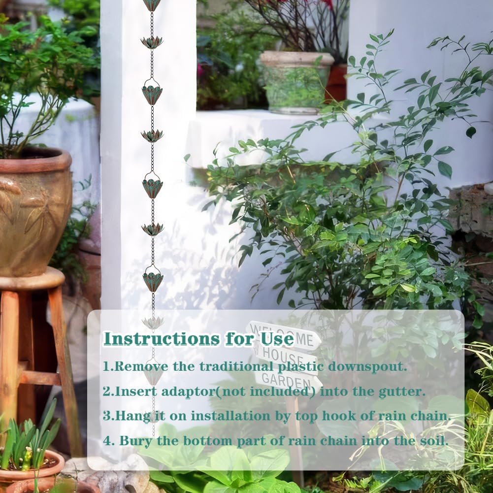10.3FT Lotus Rain Chains for Gutters, Rain Chains with 16 Cups, Adjustable Rain Catcher Chain for Outside, Replacement Downspout for Gutters, Eaves, Drainage