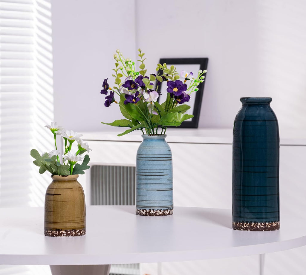 Ceramic Vase Set of 3, Farmhouse Decorative Vase for Pampas Grass, Living Room, Bathroom,Bookshelf, Centerpieces (Blue/Navy Blue/Yellow)