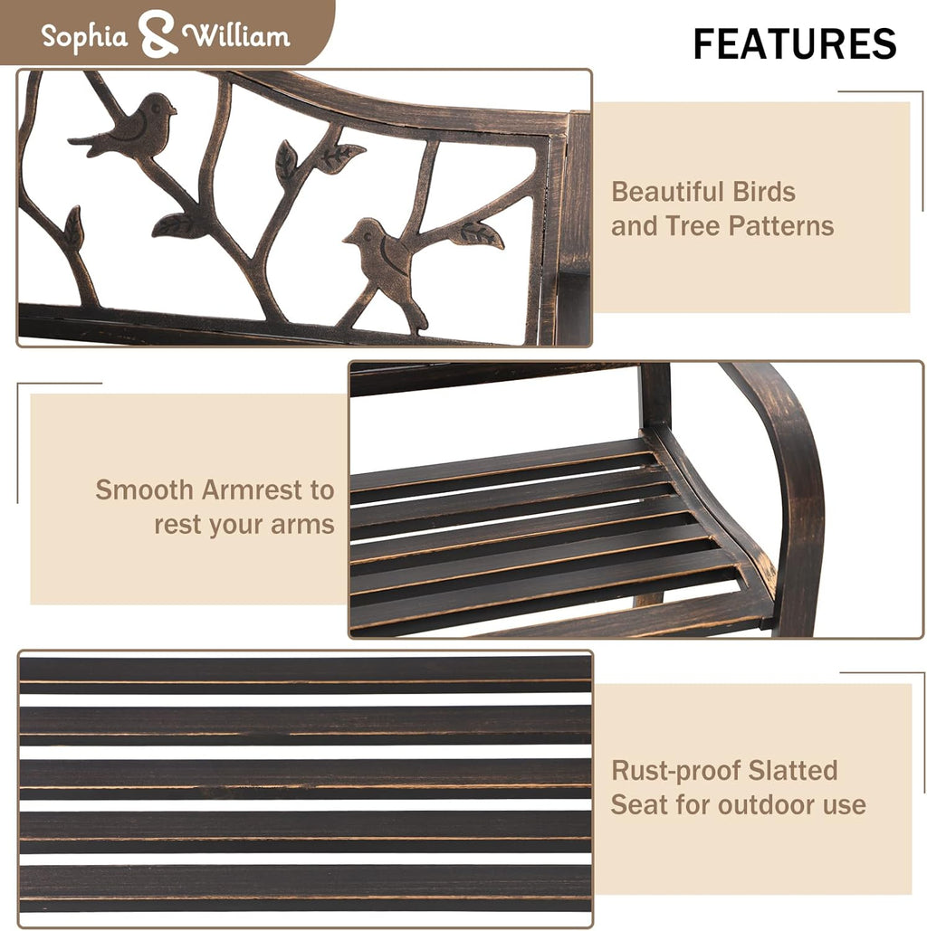 Sophia & William Outdoor Bench, Porch Bench, Garden Bench, Wrought Iron Bench with Backrest and Armrests, Bronze