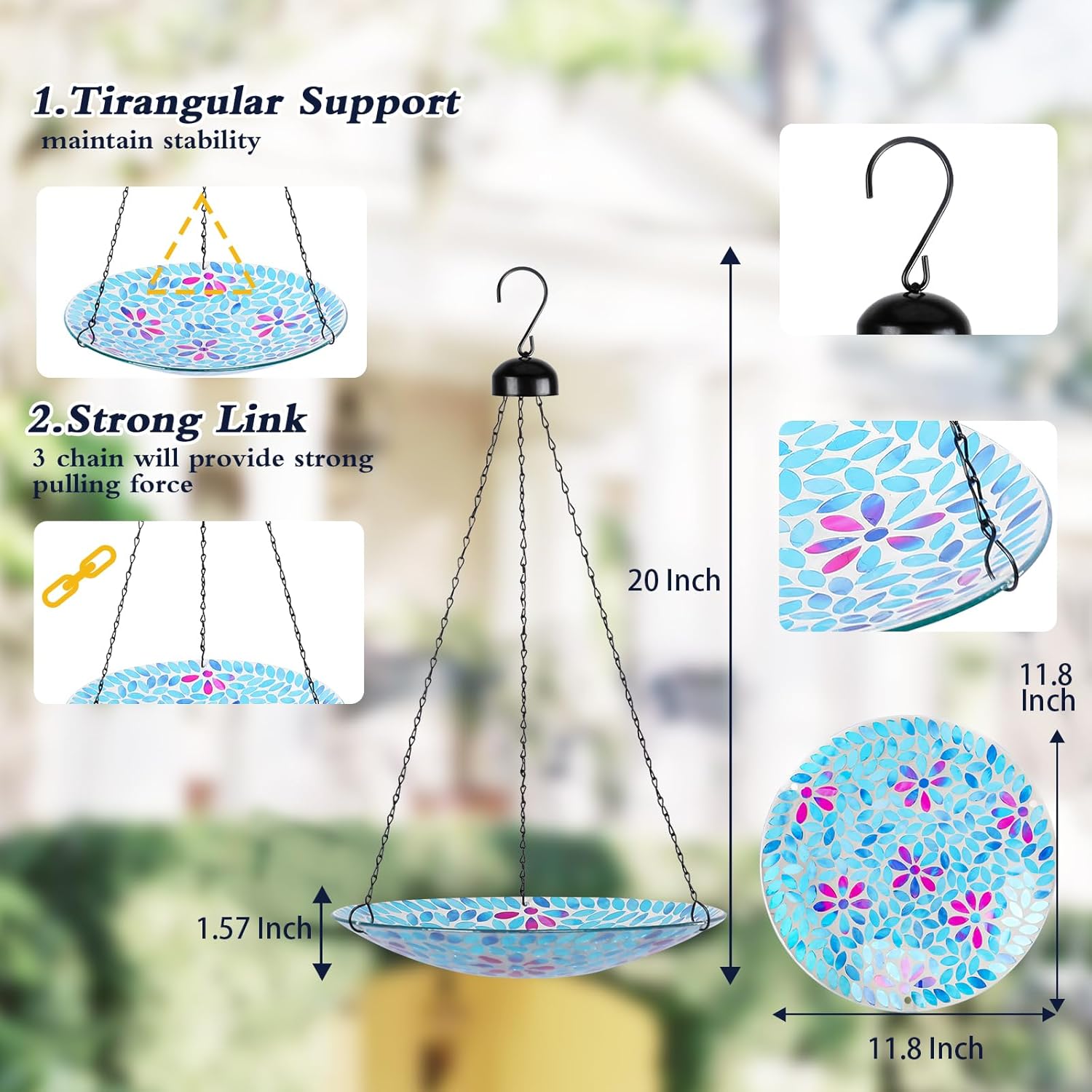 MUMTOP Mosaic Hanging Bird Bath-Bird Baths for Outdoors - 12 Inch Glass Bird Water Bowl Bird Feeders for Outside, Garden, Lawn Yard Decor（Blue）