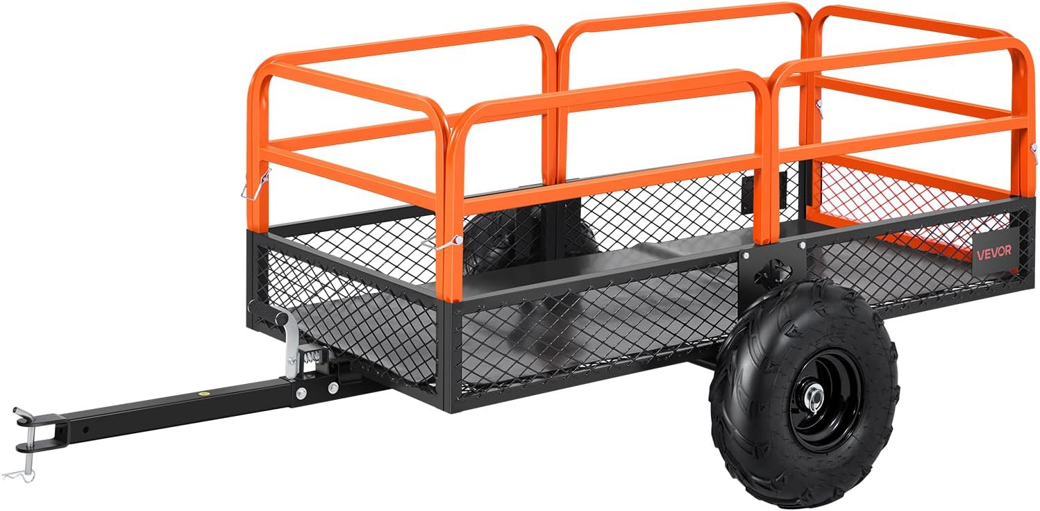 VEVOR 22 Cu.Ft 1600Lbs Steel ATV UTV Trailer Tow Behind Dump Cart, Heavy Duty Pull Behind Utility Dump Trailer for Lawn Mower Trailer Tractor Garden Yard with Removable Rear Panel
