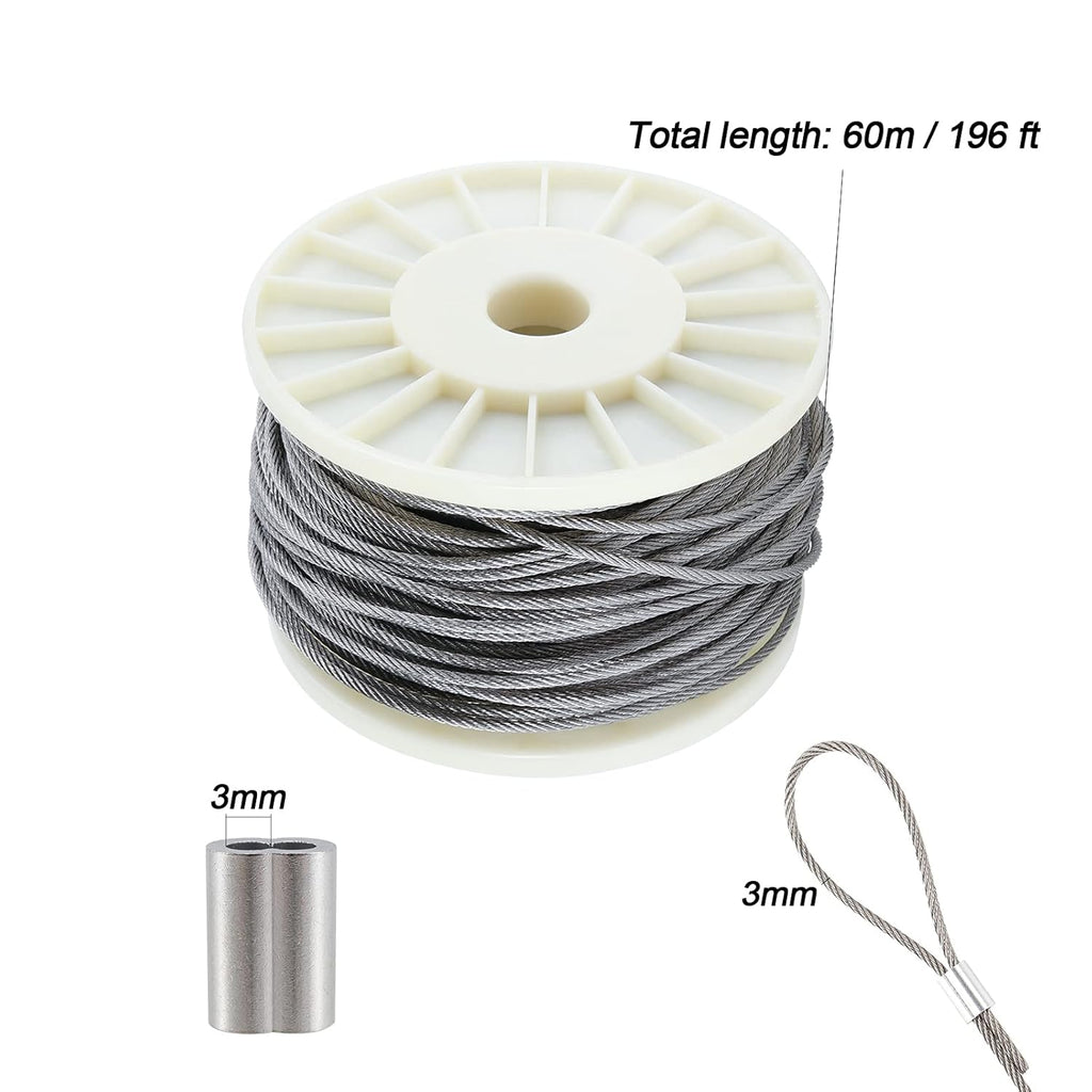 1/8 Inch 200 FT 316 Stainless Steel Wire Cable, 7x7 Inch Aircraft Cable, Wire Rope 100 PCS Strand Construction Braided with Crimping Sleeves, 660lbs/300kg Breaking Strength