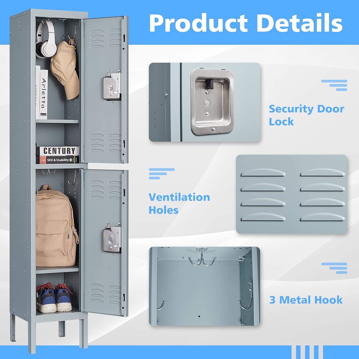 Letaya Storage Locker with Lock Door,Metal Storage Cabinet 4 Tier with Hook for Employees, School,Gym, Home,Office(2 Door-Gray)