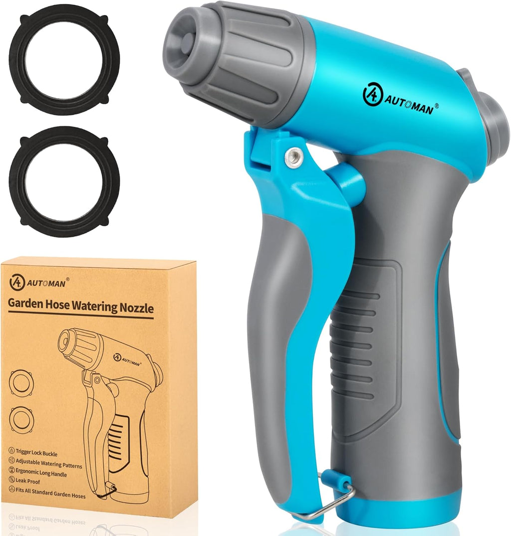 AUTOMAN Garden Hose Nozzle, 4 Adjustable Patterns Hose Sprayer, Heavy Duty High Pressure Water Hose Nozzle for Pets Bathing and Cleaning, Car Washing, Watering Plants in Lawn and Garden & Outdoor Fun.