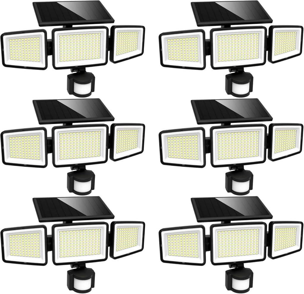 UME Solar Outdoor Lights 302 LED 3000LM, IP65 Waterproof Motion Sensor Outdoor Lights, 3 Heads Solar Security Flood Lights 270 Wide Lighting Angle with 3 Modes for Garden Patio Yard - 6 Pack